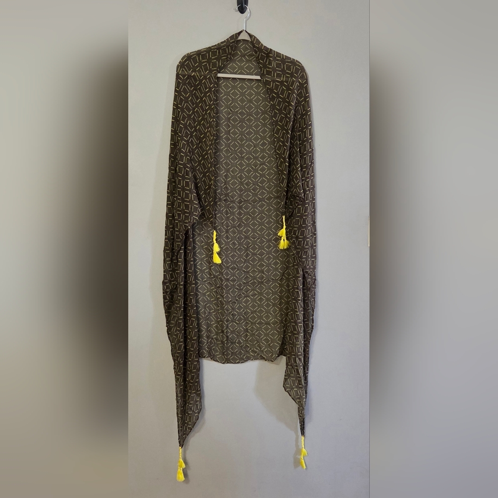 Olive Green and Bright Yellow Print Scarf with Tassels